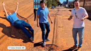 Isa Marcondes deita dentro de buraco e critica prefeitura de Campo Grande.